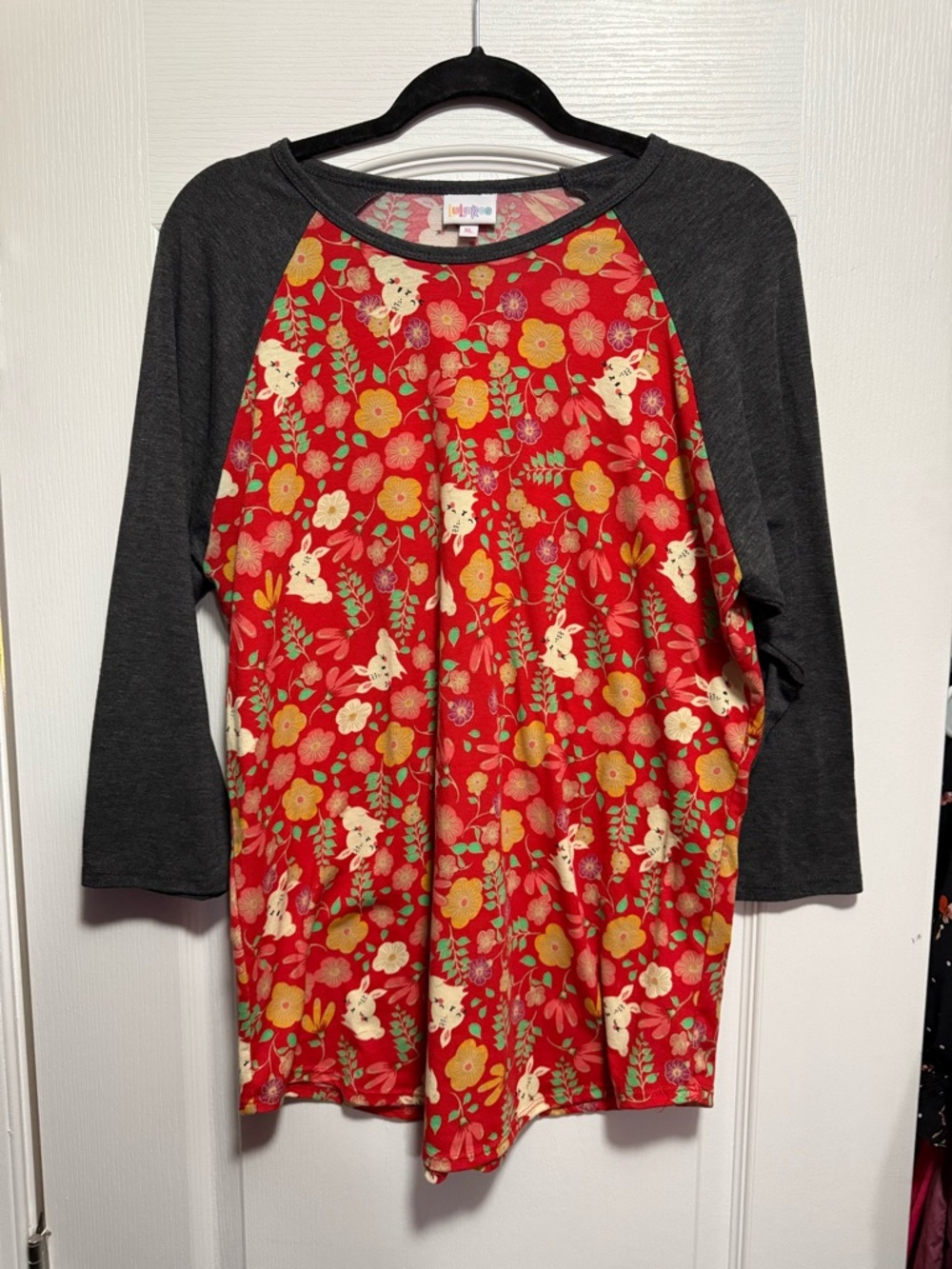 LuLaRoe Randy floral and rabbit raglan t-shirt